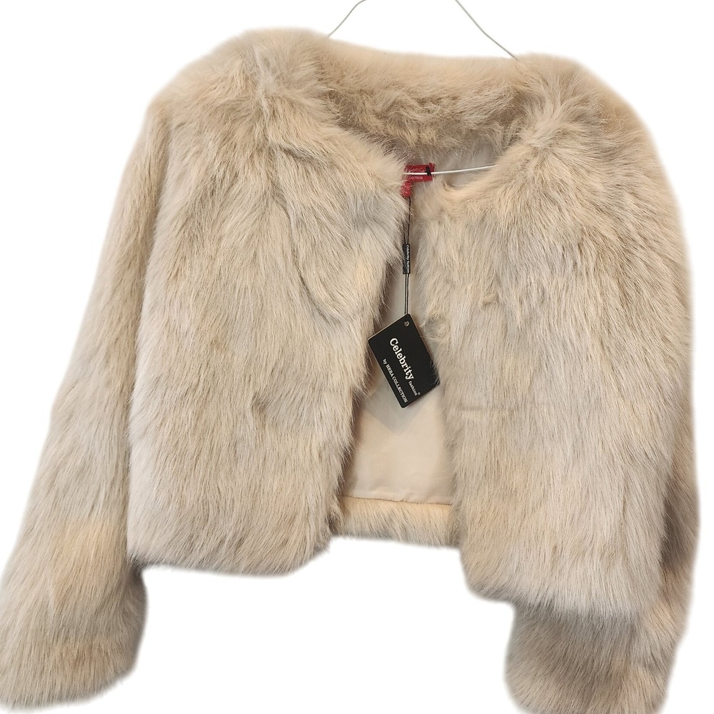 Celebrity Pink Beige Faux Fur Cropped Jacket